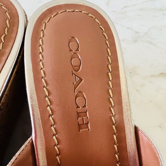 COACH Gold Brown Logo Wedge Heel Platform Slide Sandals - US 9.5 - Picture 3 of 8